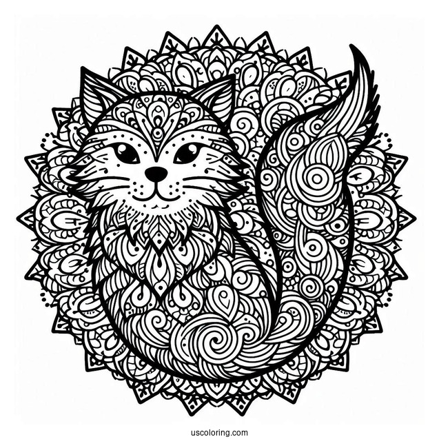 Furry Cat Inside A Complex An Animal Mandala Coloring Page