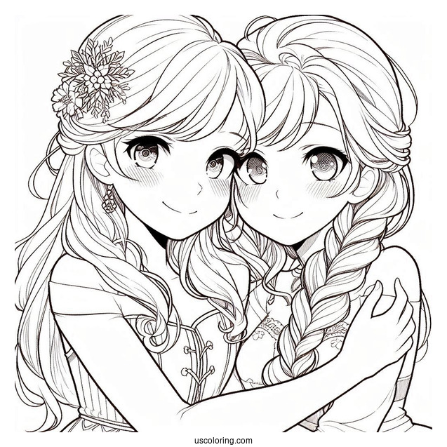 Anime Anna And Elsa Hugging Coloring Sheet For Kids