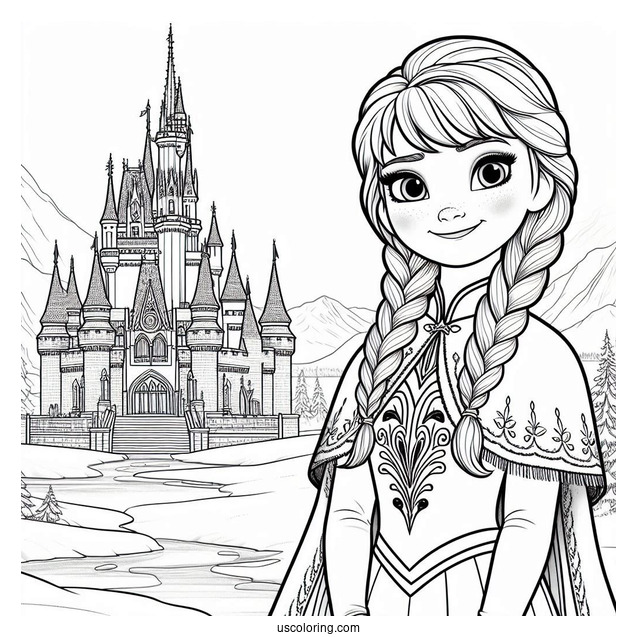 Anna Standing In Front Of Elsa s Winter Castle Coloring Sheet