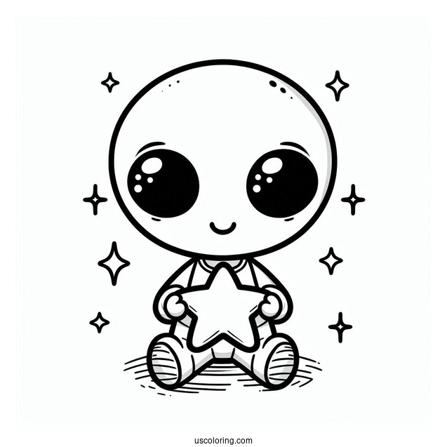 Chibi Alien Coloring Page Holding A Star For Preschoolers