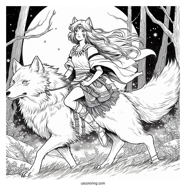 Princess Mononoke Riding Wolf In Cedar Forest