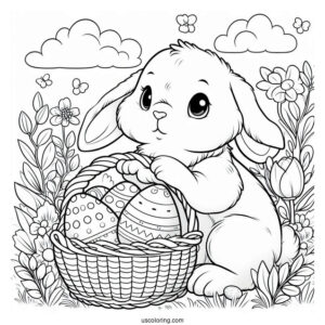 Detailed Easter Bunny Guarding Basket Of Eggs In April Coloring Page