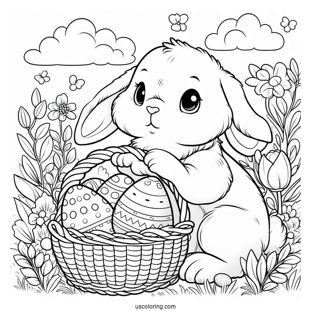 Detailed Easter Bunny Guarding Basket Of Eggs In April Coloring Page