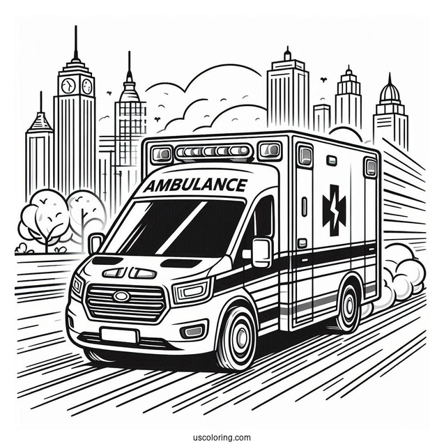 Front View Of Ambulance Coloring Page Speeding On The Road