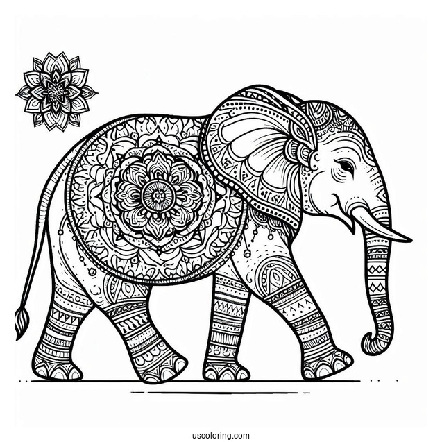 Simple Walking Elephant Animal Mandala Coloring Page