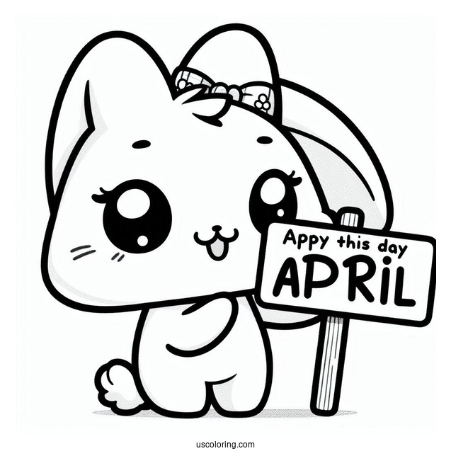 Kawaii Bunny Holding Up An April Coloring Page Fool's Day Sign