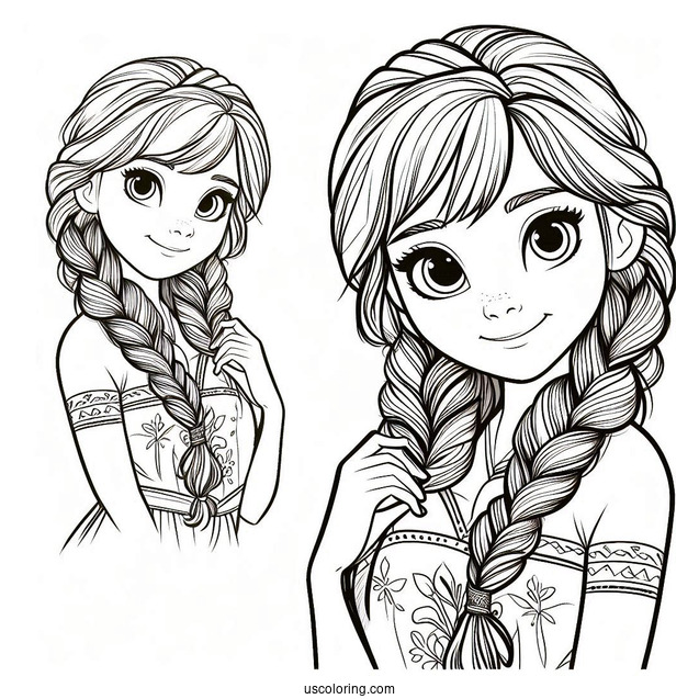 Simple Anna Holding Braids Coloring Sheet