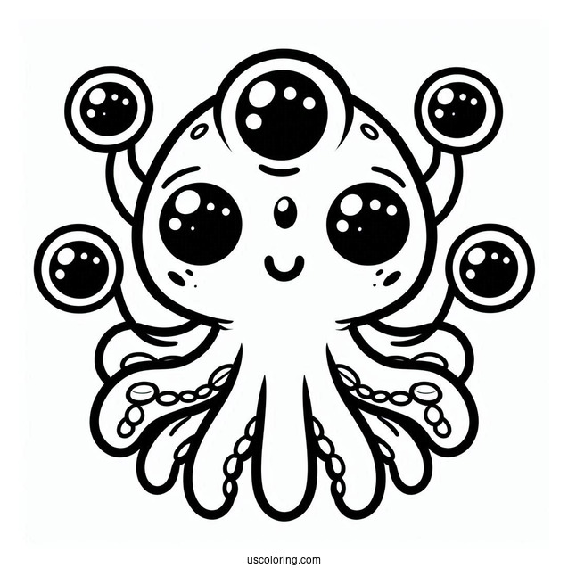 Cute Alien Coloring Page With Five Eyes For Kids