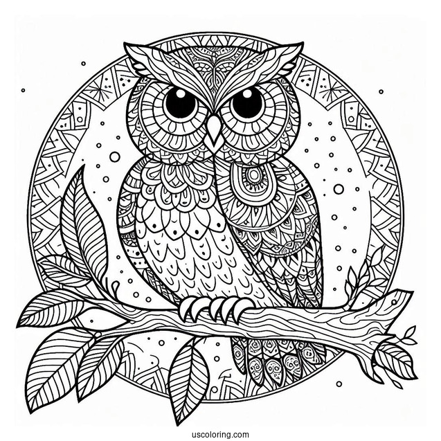 Owl Perched On A Tree Branch Animal Mandala Coloring Page