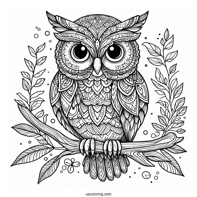 Owl Perched On A Tree Branch Animal Mandala Coloring Page