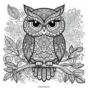Owl Perched On A Tree Branch Animal Mandala Coloring Page