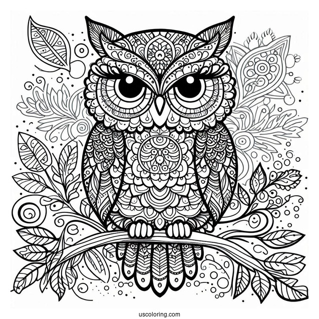 Owl Perched On A Tree Branch Animal Mandala Coloring Page