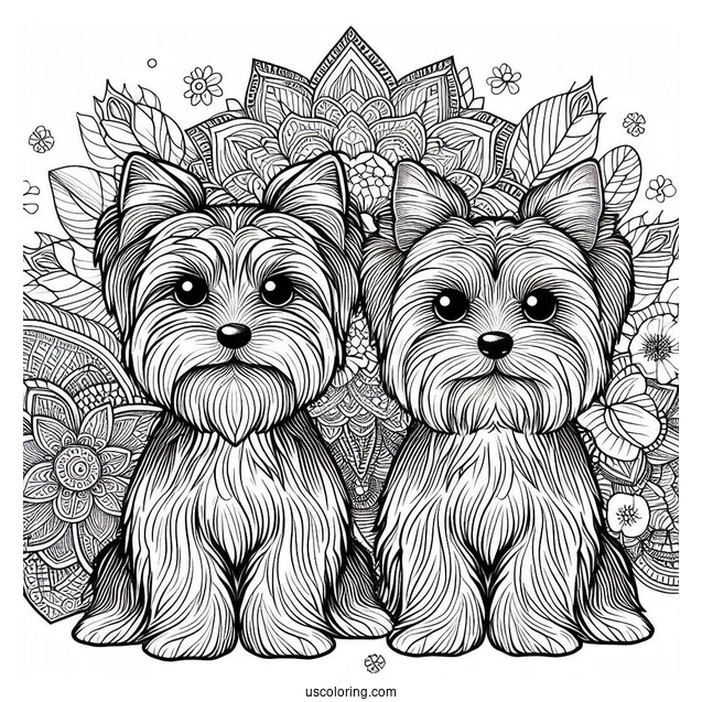 Two Adorable Yorkshire Terrier Dogs In Front Of Animal Mandala Coloring Page