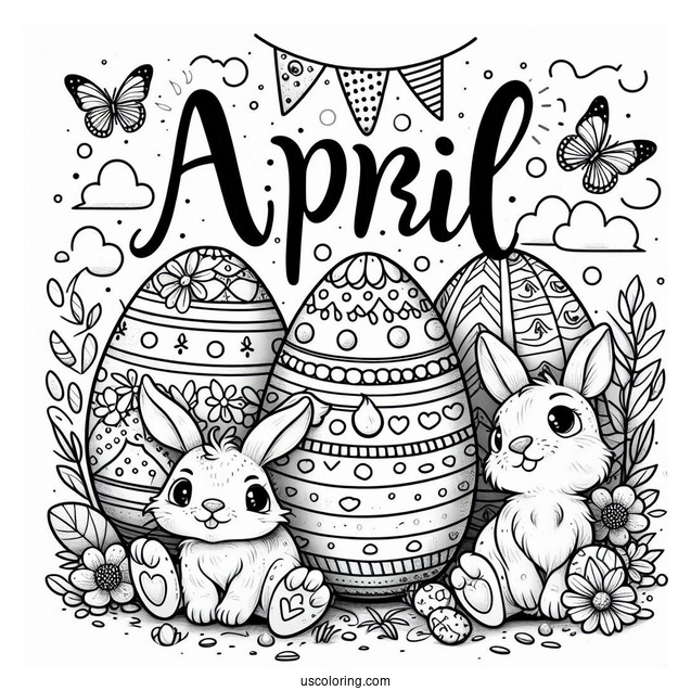 Fun April Coloring Page Word Above Massive Easter Eggs With Bunny