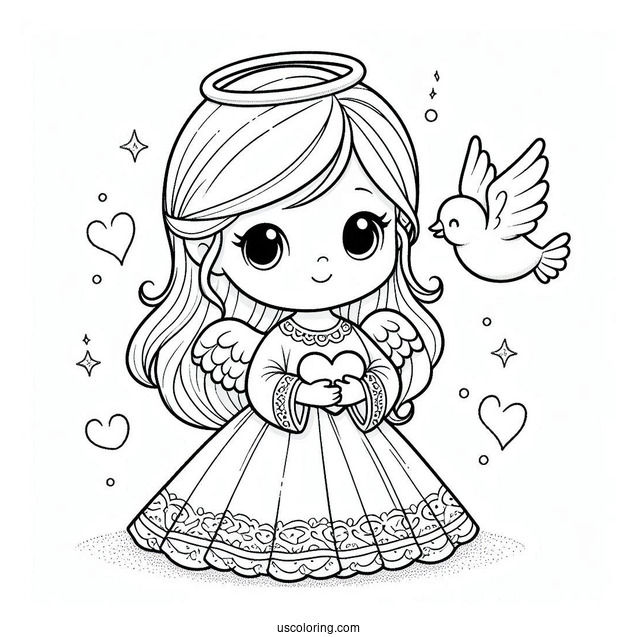Adorable Angel Girl Holding a Dove To Color