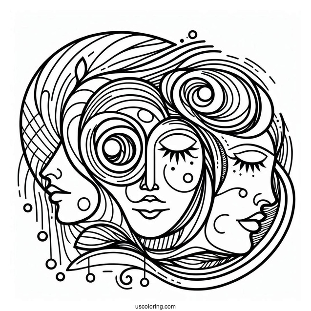 Three Faces Abstract Coloring Page