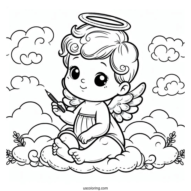Cute Baby Angel In Heaven To Color