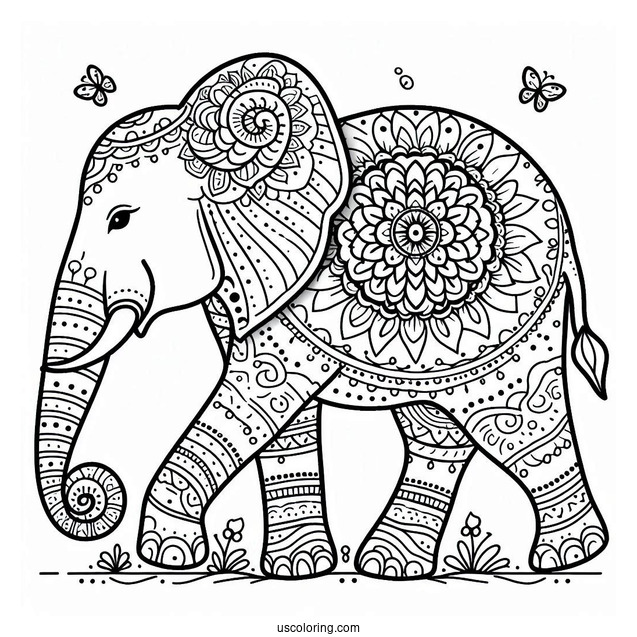 Simple Walking Elephant Animal Mandala Coloring Page