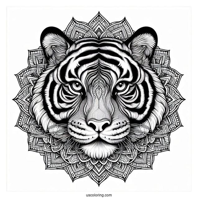 Realistic Tiger Head Inside An Animal Mandala Coloring Page