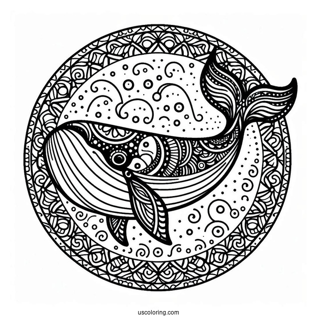 Whale Swimming At The Center Of An Animal Mandala Coloring Page