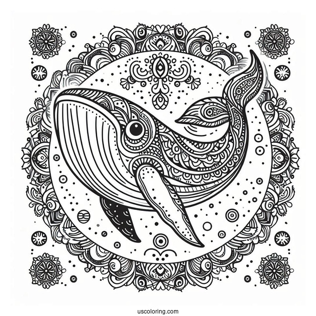 Whale Swimming At The Center Of An Animal Mandala Coloring Page
