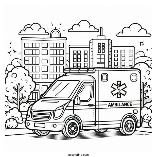 Ambulance Coloring Page Parked Beside A Hospital