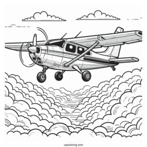 Private Plane Flying In The Clouds To Color