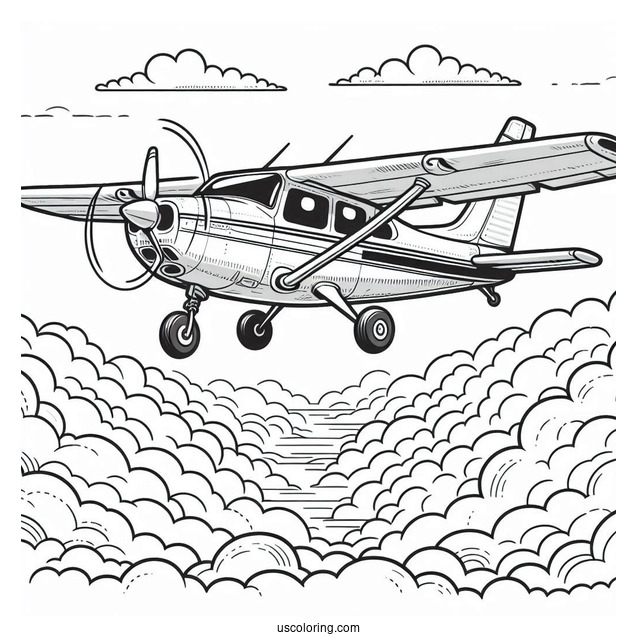 Private Plane Flying In The Clouds To Color