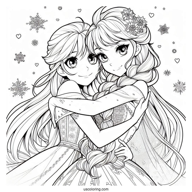 Anime Anna And Elsa Hugging Coloring Sheet For Kids