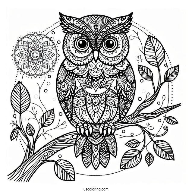 Owl Perched On A Tree Branch Animal Mandala Coloring Page