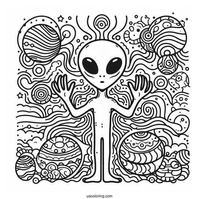 Simple Alien Coloring Page With Trippy Background