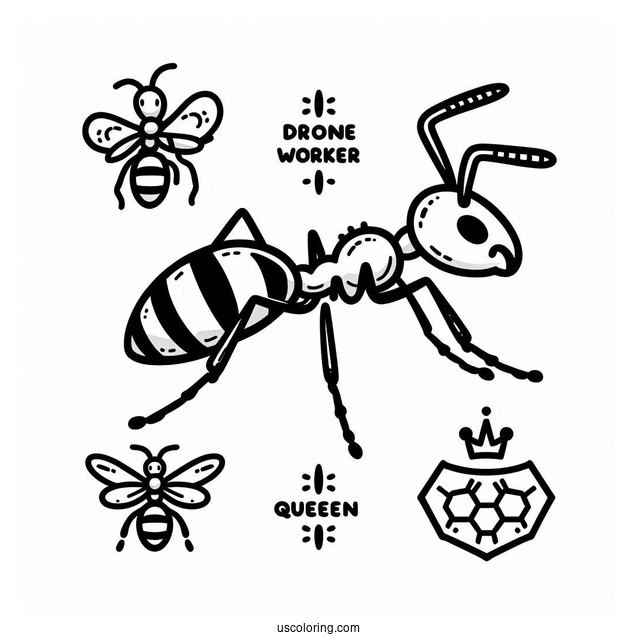 Ant Coloring Page Flashcard For Drone, Worker, Queen, And Anthill