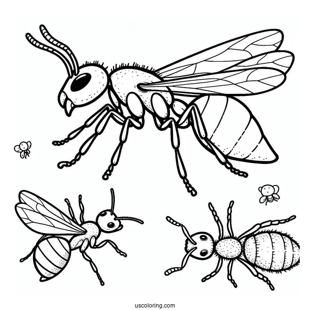Ant Coloring Page Flashcard For Drone, Worker, Queen, And Anthill