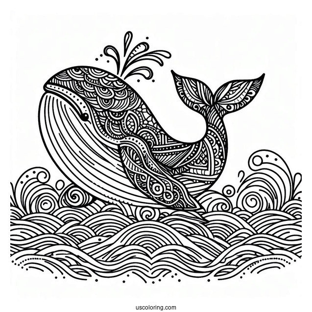 Whale Surfacing From The Waves Animal Mandala Coloring Page