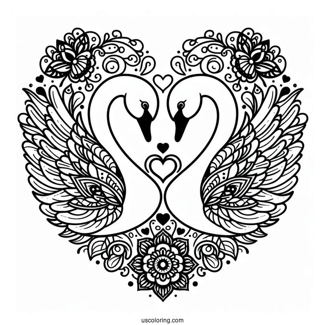 Swans Forming A Love Heart Animal Mandala Coloring Page