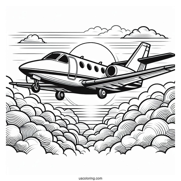 Private Plane Flying In The Clouds To Color