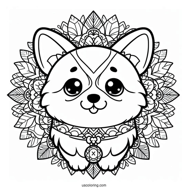 Kawaii Corgi With Collar Inside An Animal Mandala Coloring Page