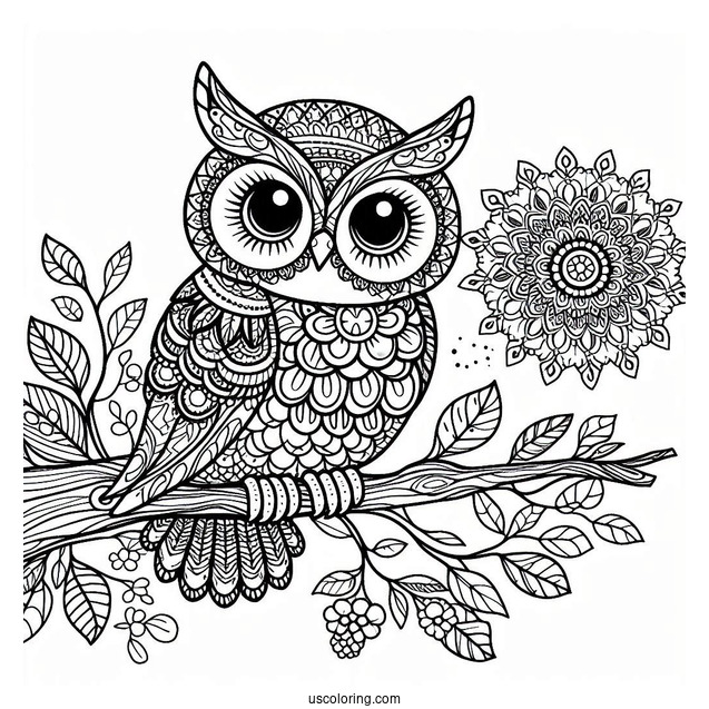 Owl Perched On A Tree Branch Animal Mandala Coloring Page
