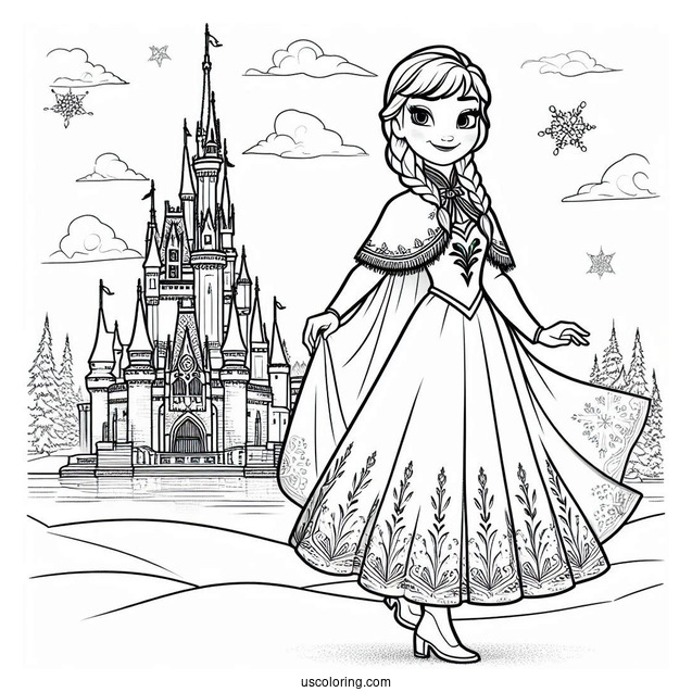 Anna Standing In Front Of Elsa s Winter Castle Coloring Sheet