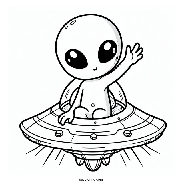 Cute Alien Coloring Page Waving From A Spaceship
