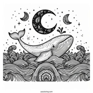 Whale Surfacing From The Waves Animal Mandala Coloring Page