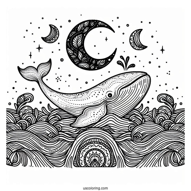 Whale Surfacing From The Waves Animal Mandala Coloring Page