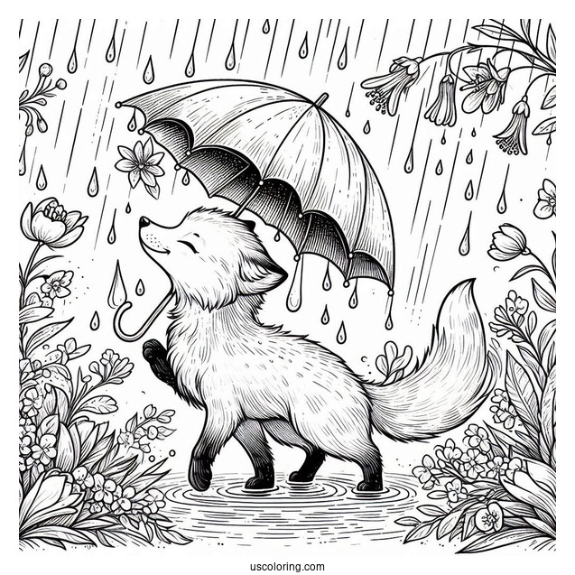 Fox Strolling Under April Coloring Page Showers