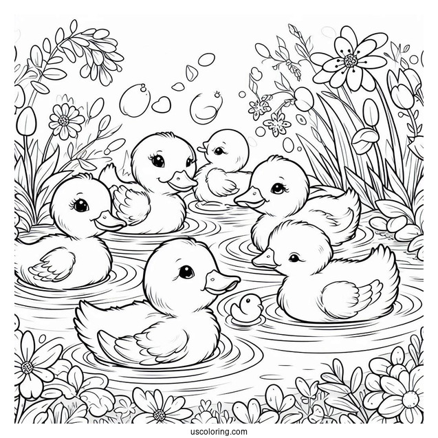 Ducklings Swimming In A Pond In April Coloring Page For Kids