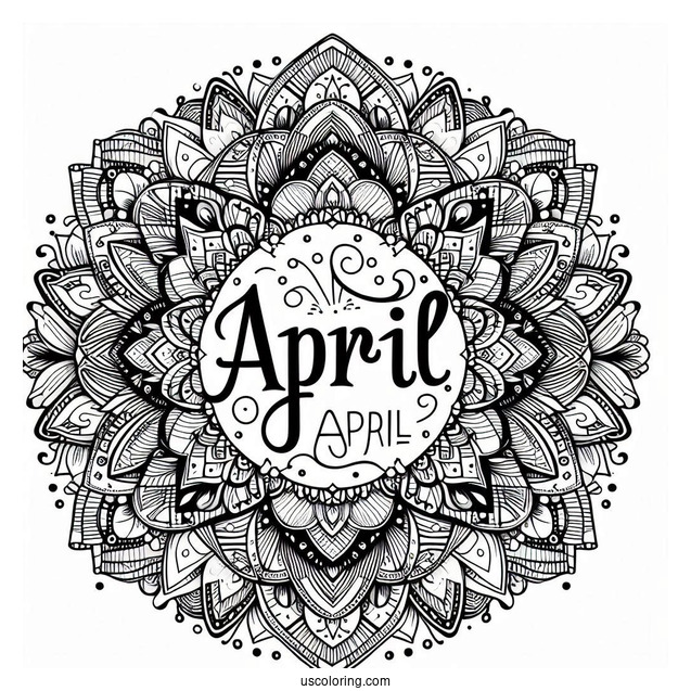 April Coloring Page Bold Text At The Center Of An Intricate Mandala
