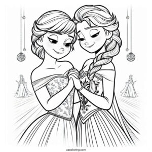 Anna And Elsa Holding Hands In Ballroom Coloring Sheet