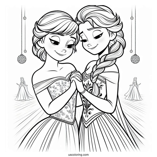 Anna And Elsa Holding Hands In Ballroom Coloring Sheet