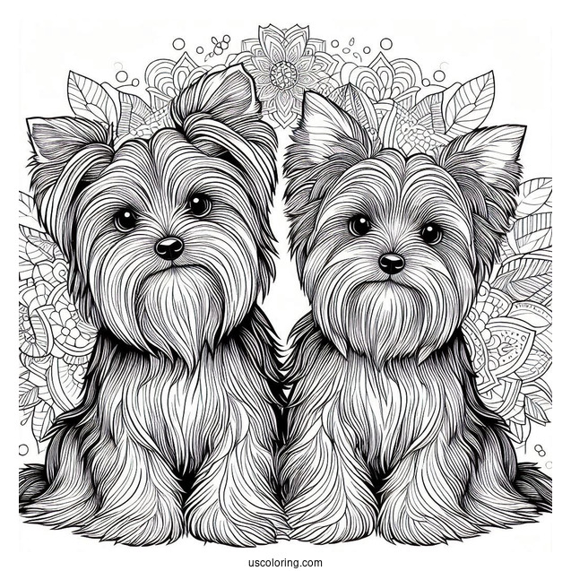Two Adorable Yorkshire Terrier Dogs In Front Of Animal Mandala Coloring Page