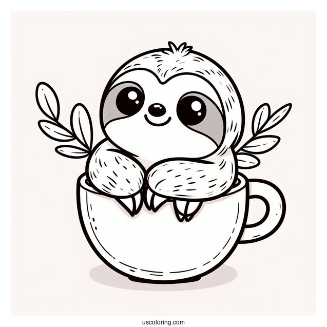 Kawaii Sloth Sitting In Teacup Coloring For Preschoolers