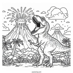 Roaring T-Rex With Volcano Erupting To Color